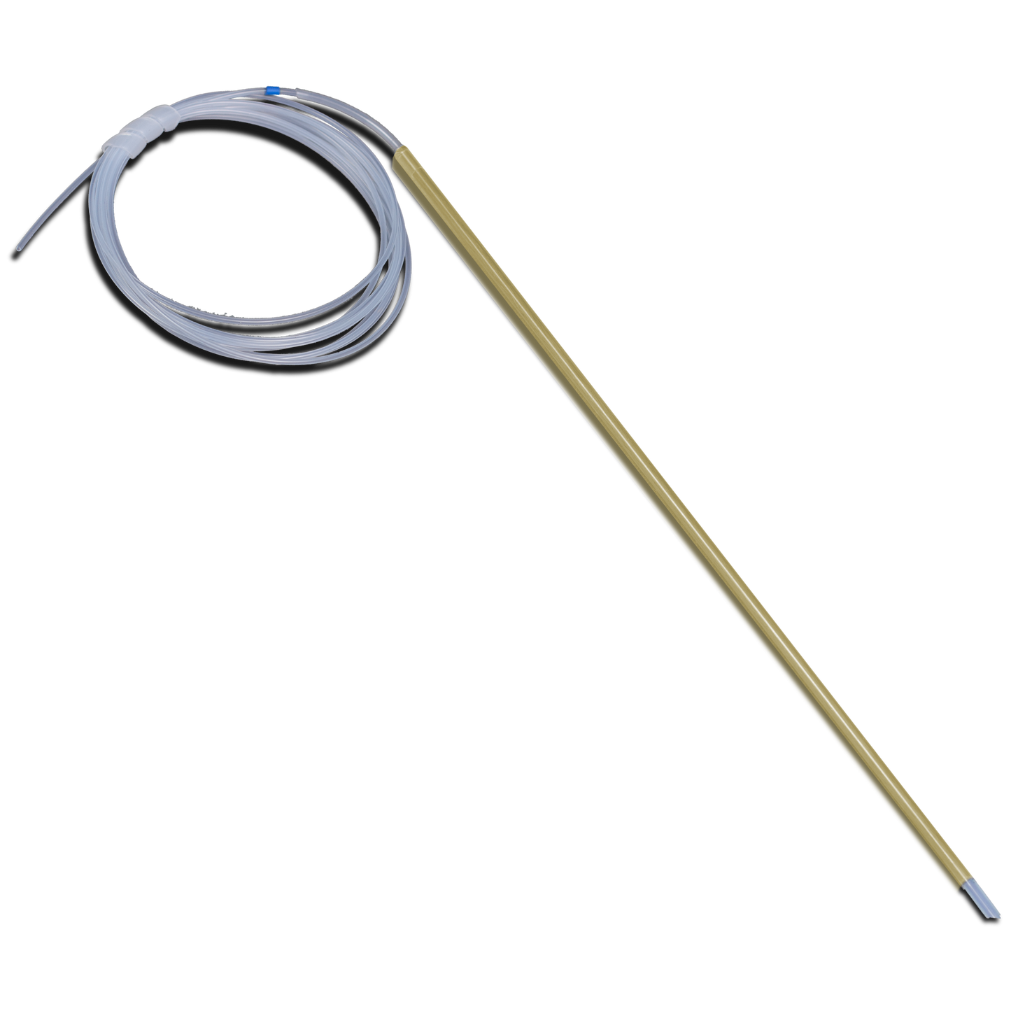 Coiled tubing with a long golden connector on a white background