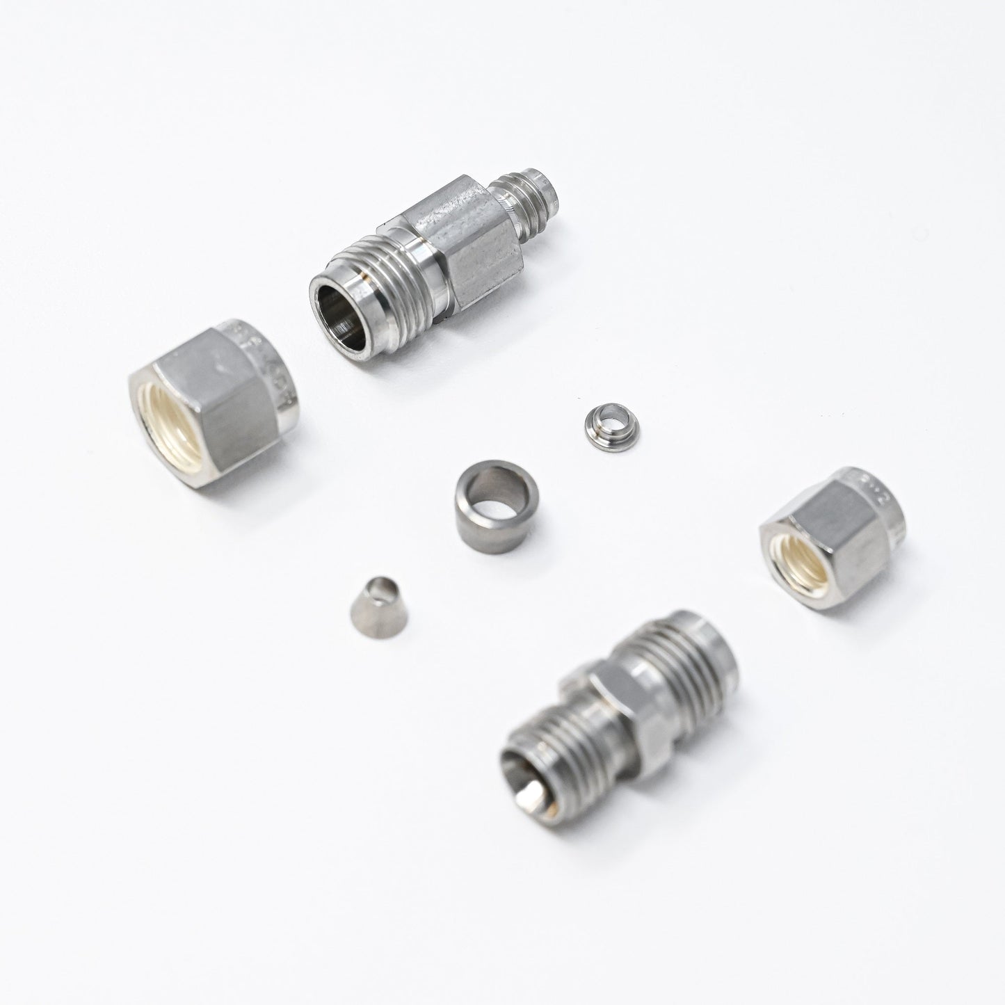 Collection of parts for fittings adapter kit.