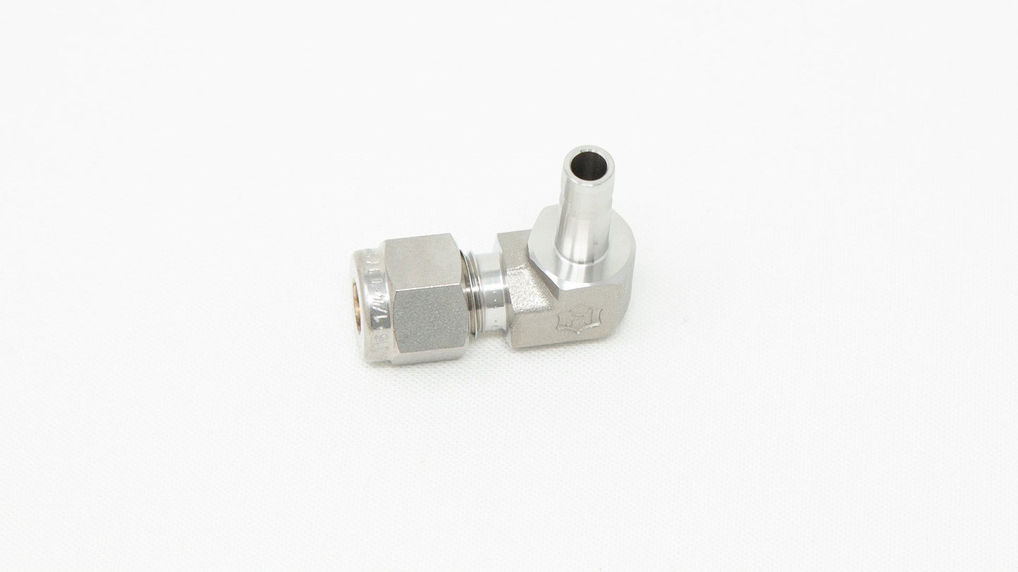 Elbow tube fitting with connectors on both ends.
