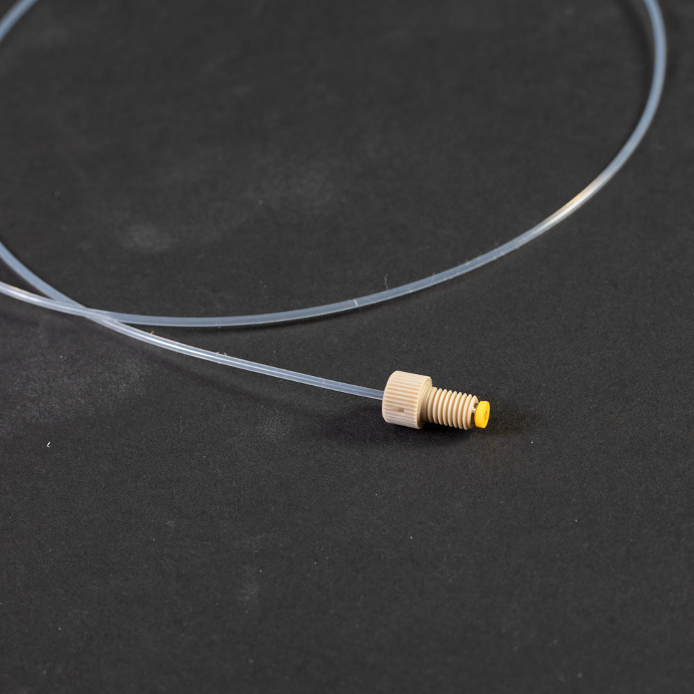 Auto injector long waste tubing assembly. Includes 30 inches of PTFE tubing, PEEK tee, ferrules and nuts.