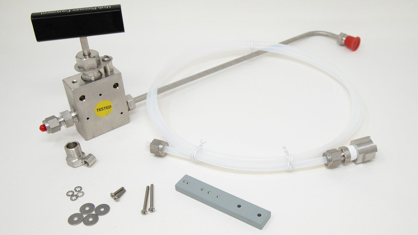 Valve with connector, tubing, screws, washers and nuts.