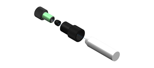 A close-up of a black and white device