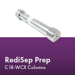 RediSep Prep C18-WCX column arranged neatly, showcasing their design and functionality in a laboratory setting.  Text reads "RediSep Prep C18-WCX Columns."