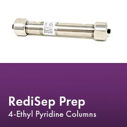 RediSep Prep Column arranged neatly, showcasing its design and functionality in a laboratory setting.  Text reads "RediSep Prep 4-Ethyl Pyridine Columns." 