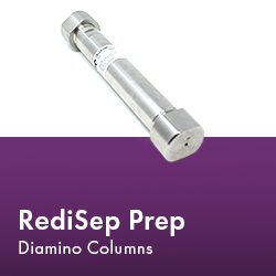 RediSep Prep Column arranged neatly, showcasing its design and functionality in a laboratory setting.  Text reads "RediSep Prep Diol Columns."