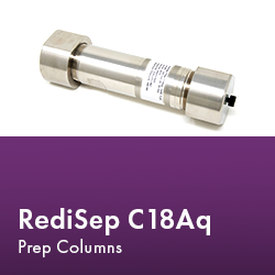 RediSep Prep C18Aq Column arranged neatly, showcasing its design and functionality in a laboratory setting.  Text reads "RediSep C18Aq Prep Columns."