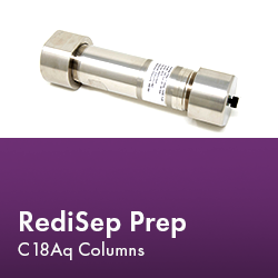 RediSep Prep Column arranged neatly, showcasing its design and functionality in a laboratory setting.  Text reads "RediSep Prep C18Aq Columns."