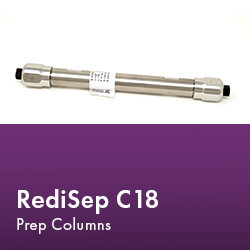 RediSep Prep C18 Column arranged neatly, showcasing its design and functionality in a laboratory setting.  Text reads "RediSep C18 Prep Columns."