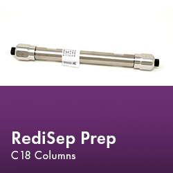 RediSep Prep Column arranged neatly, showcasing its design and functionality in a laboratory setting.  Text reads "RediSep Prep C18 Columns."