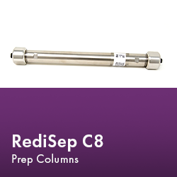 RediSep Prep C8 column arranged neatly, showcasing its design and functionality in a laboratory setting.  Text reads "RediSep C8 Prep Columns."