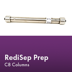 RediSep Prep column arranged neatly, showcasing its design and functionality in a laboratory setting.  Text reads "RediSep Prep C8 Columns."