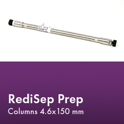 RediSep Prep Column arranged neatly, showcasing its design and functionality in a laboratory setting.  Text reads "RediSep Prep Columns 4.6x150 mm."