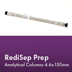 RediSep Prep Column arranged neatly, showcasing its design and functionality in a laboratory setting.  Text reads "RediSep Prep Columns 4.6x150 mm."