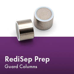 RediSep Prep Guard columns arranged neatly, showcasing their design and functionality in a laboratory setting.  Text reads "RediSep Prep Guard Columns."