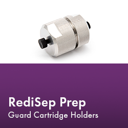 RediSep Prep Guard Catridge Holder arranged neatly, showcasing their design and functionality in a laboratory setting.  Text reads "RediSep Prep Guard Cartridge Holders."