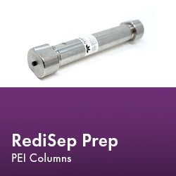 RediSep Prep Column arranged neatly, showcasing its design and functionality in a laboratory setting.  Text reads "RediSep Prep PEI Columns."