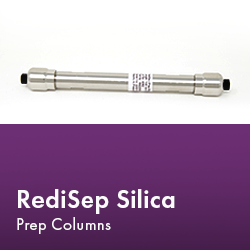 RediSep Silica Prep Column arranged neatly, showcasing its design and functionality in a laboratory setting.  Text reads "RediSep Silica Prep Columns."