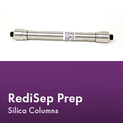 RediSep Column arranged neatly, showcasing its design and functionality in a laboratory setting.  Text reads "RediSep Prep Silica Columns."