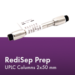 Display of a RediSep Prep UPLC column, organized for efficient laboratory preparation.  Text reads "RediSep Prep UPLC Columns 2x50mm."