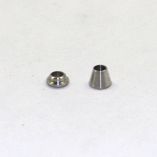 Two metallic cone-shaped objects on a white background