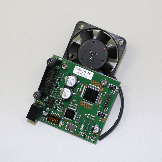 Electronic circuit board with a fan on a white background
