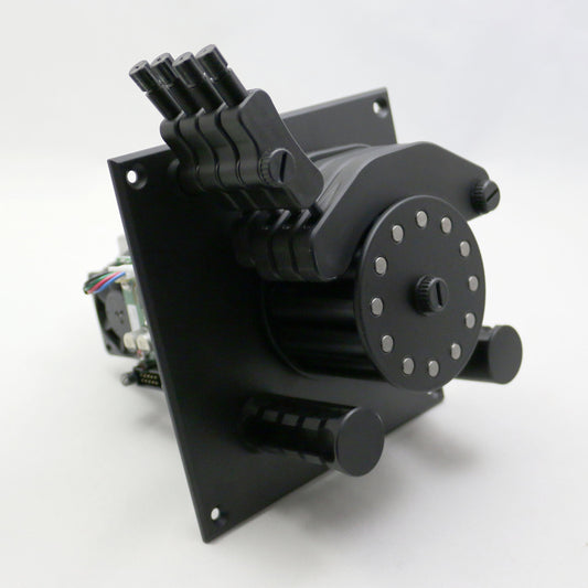 Black mechanical component on a white background