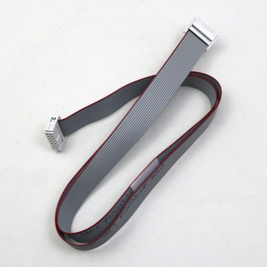 Gray ribbon cable with connectors on a white background