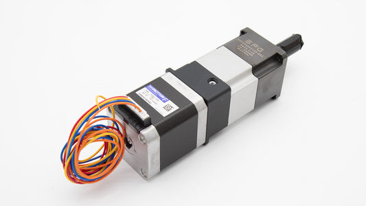 A small black and silver device with red and blue wires