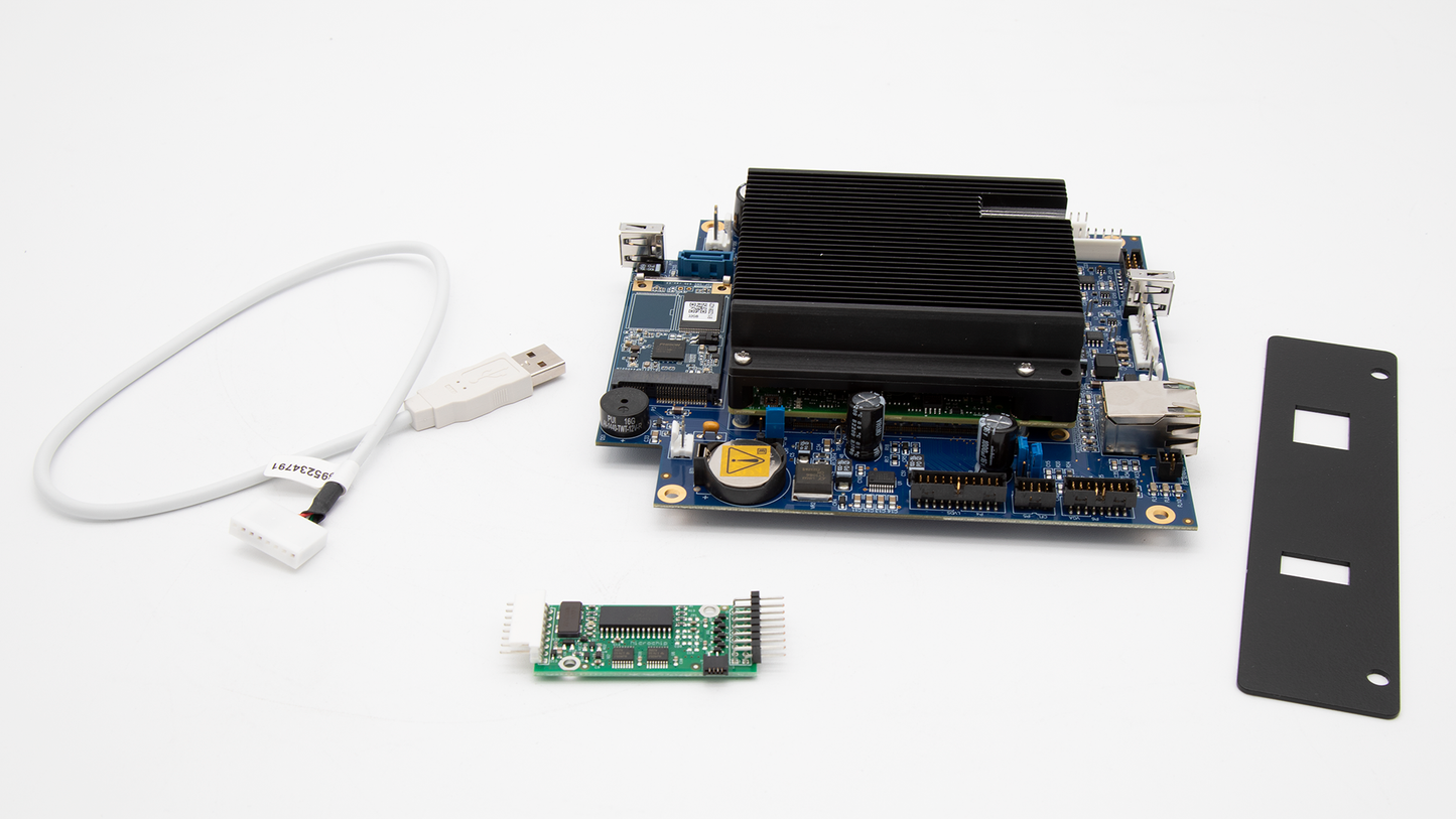 Two small electronic circuit boards with a USB cable, showcasing its compact design and connectivity features.