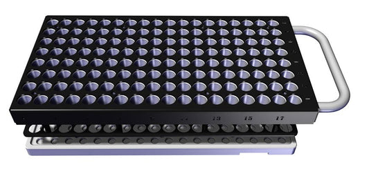 Rack with handle and holes for vials.