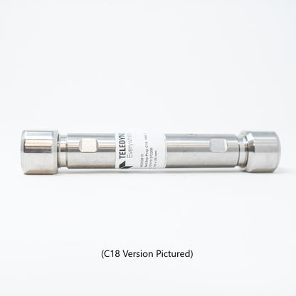 A close-up of a stainless steel cylinder featuring a threaded end, showcasing its smooth surface and metallic finish.