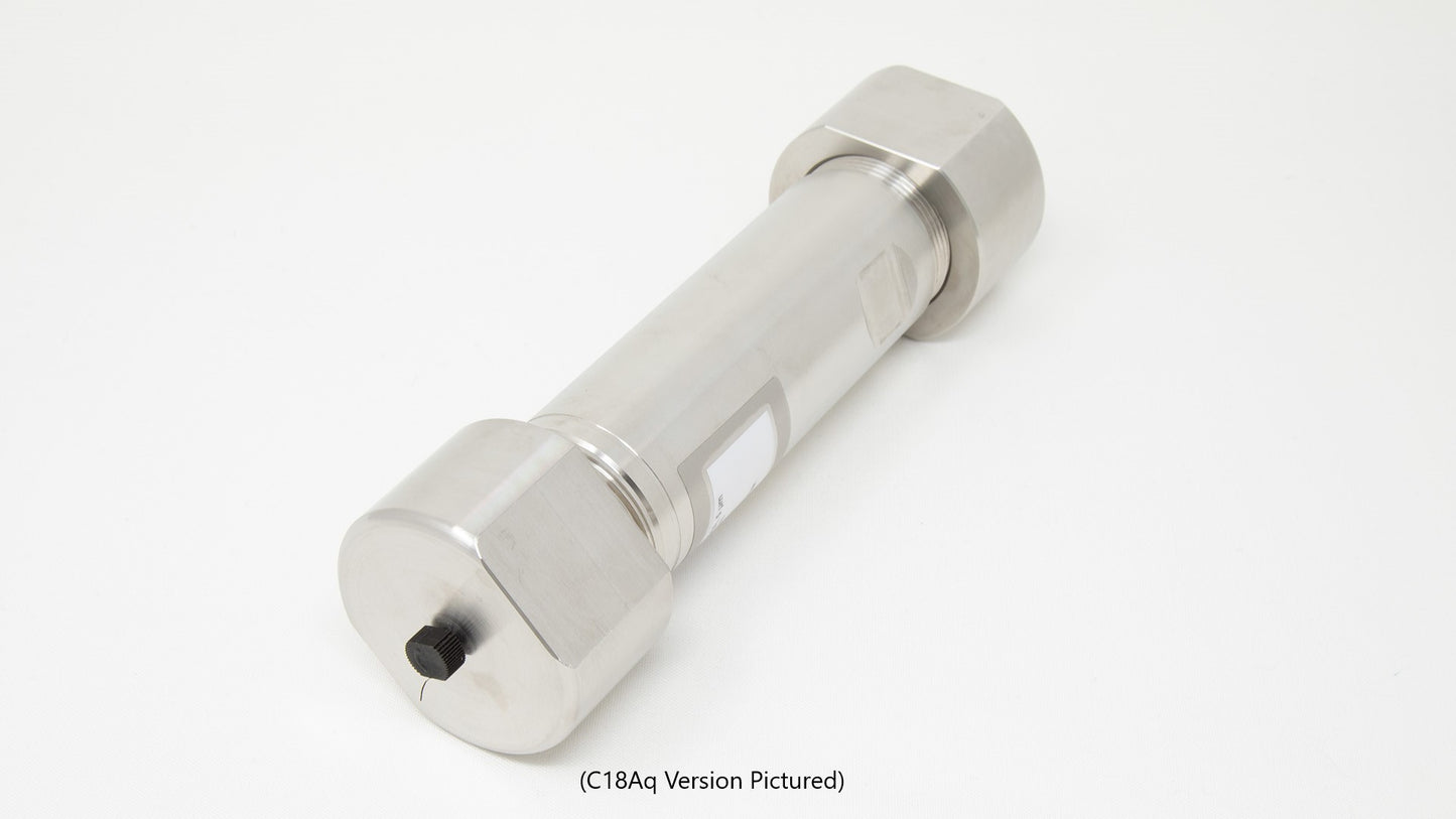 A close-up of a stainless steel cylinder featuring a threaded end, showcasing its smooth surface and metallic finish.