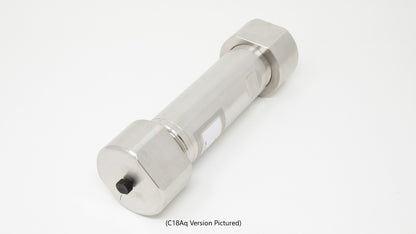 A close-up of a stainless steel cylinder featuring a threaded end, showcasing its smooth surface and metallic finish.