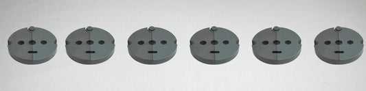 A collection of six gray plastic plates, each with holes and screws, displayed together on a plain background.