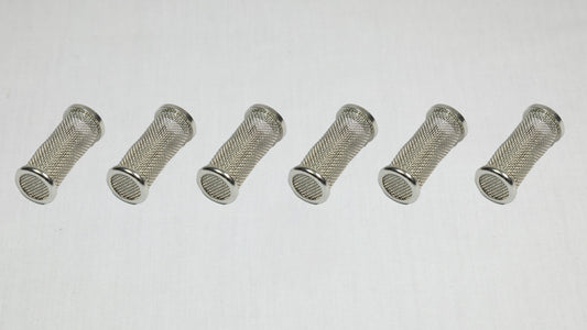 Six shiny silver mesh baskets positioned on a clean white surface.