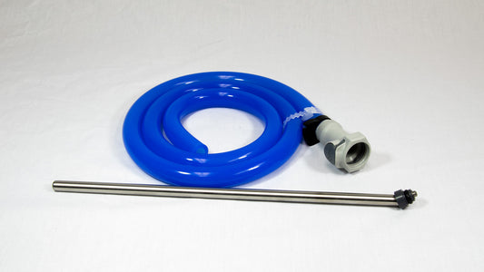 A blue hose and a metal rod are placed on a clean white surface, showcasing their contrasting colors and materials.
