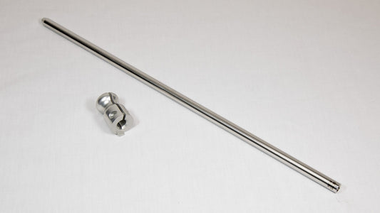 A stainless steel rod with a clamp resting on a white surface, showcasing its sleek design and functionality.