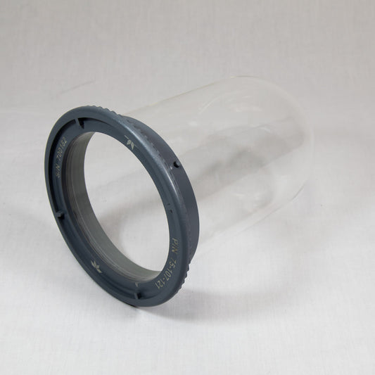 Clear plastic vessel with a black ring at the top, showcasing a simple and modern design.