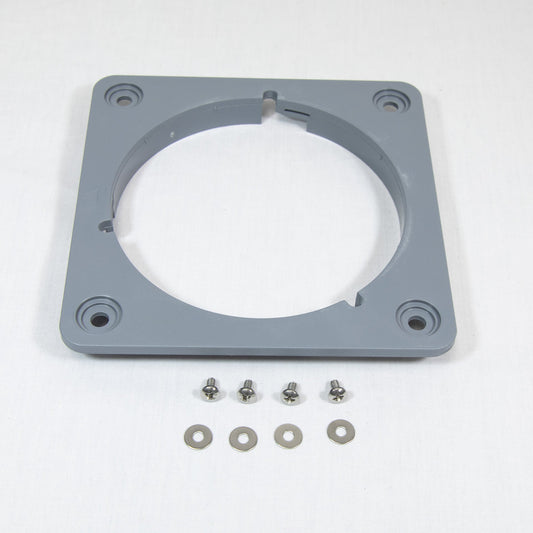 Gray plastic mounting plate accompanied by screws and nuts, arranged neatly for assembly or installation purposes.
