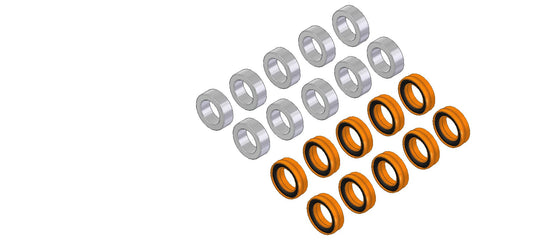 A collection of orange and white seals arranged on a clean white surface, showcasing their vibrant colors and circular shapes.