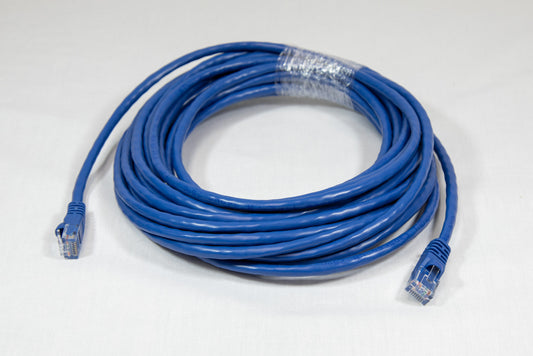 A blue Ethernet cable lies against a clean white background, showcasing its vibrant color and sleek design.