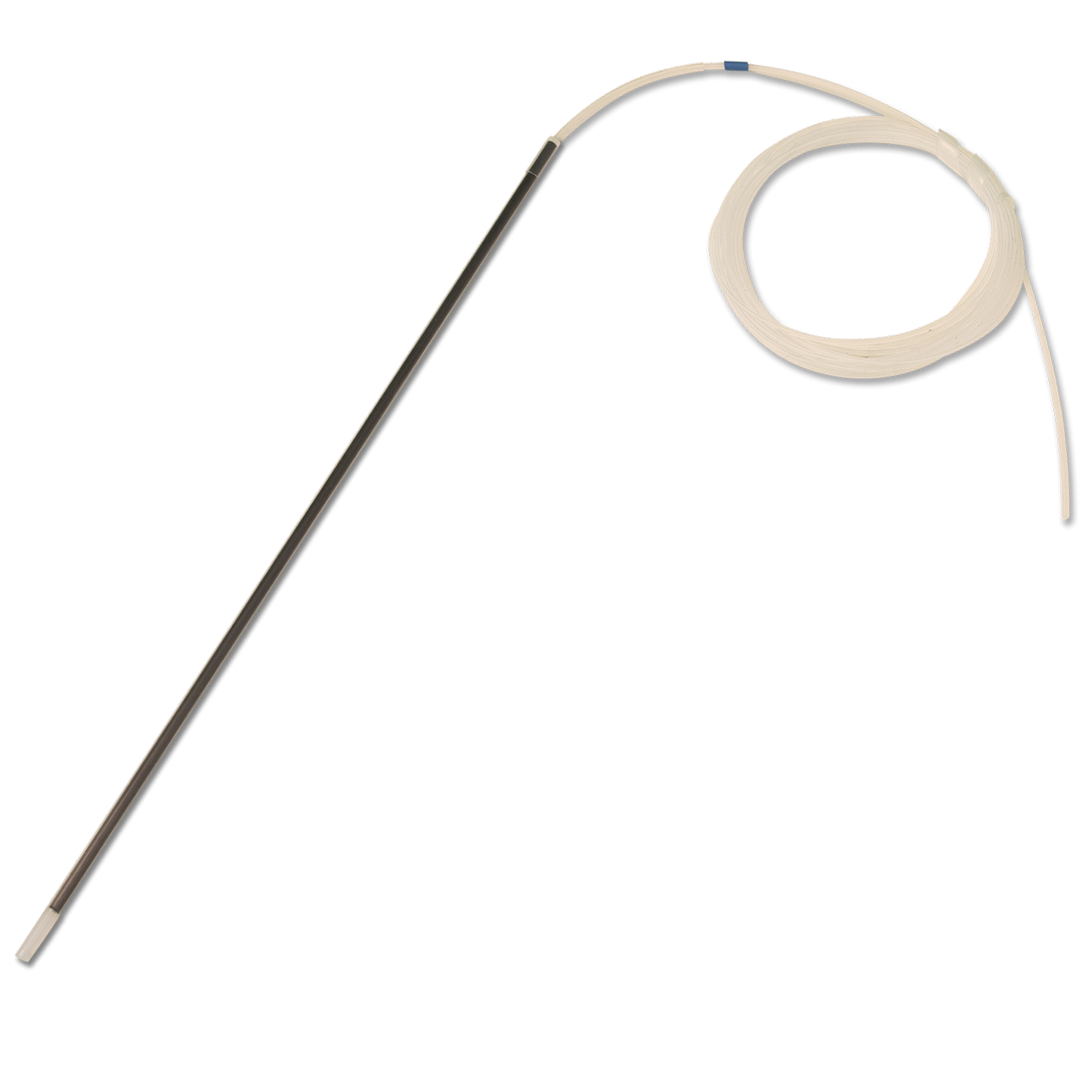 Coiled tubing with a long golden connector on a white background