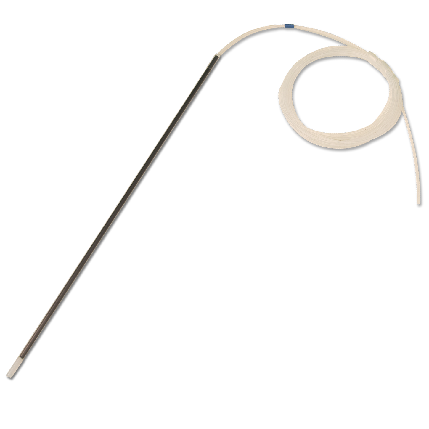 Coiled tubing with a long golden connector on a white background