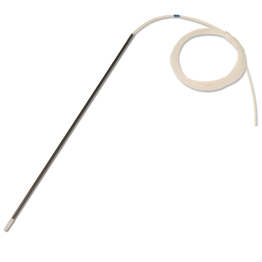 Coiled tubing with a long golden connector on a white background