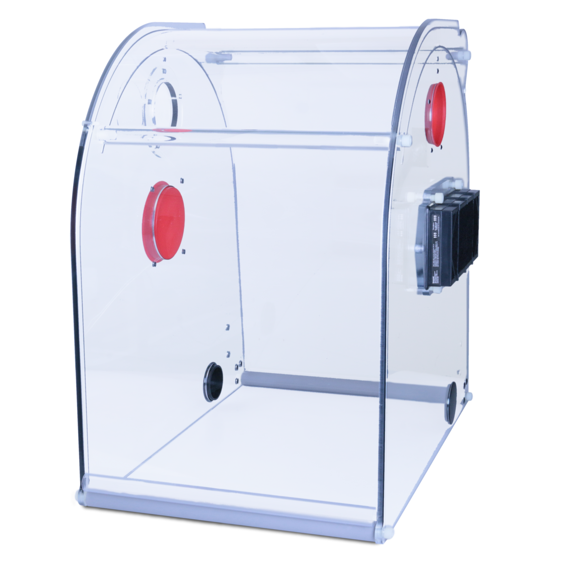Clear plastic enclosure with red circular objects and black components on a white background