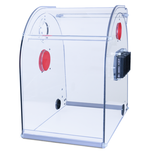 Clear plastic enclosure with red circular objects and black components on a white background