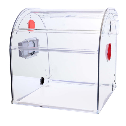 Clear plastic enclosure with red circular objects on a white background