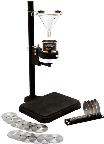 Flodex device with funnel, stand, and additional components on a white background
