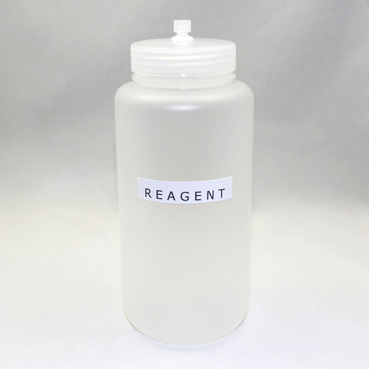 White reagent bottle with a label on a gray background
