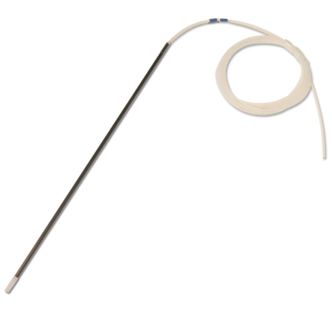 Coiled tubing with a long golden connector on a white background